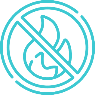 A stylized 'no fire' or 'no flame' symbol, typically used to indicate that fires are not allowed or to signal that an object is flame-resistant and may relate to environments requiring safe use