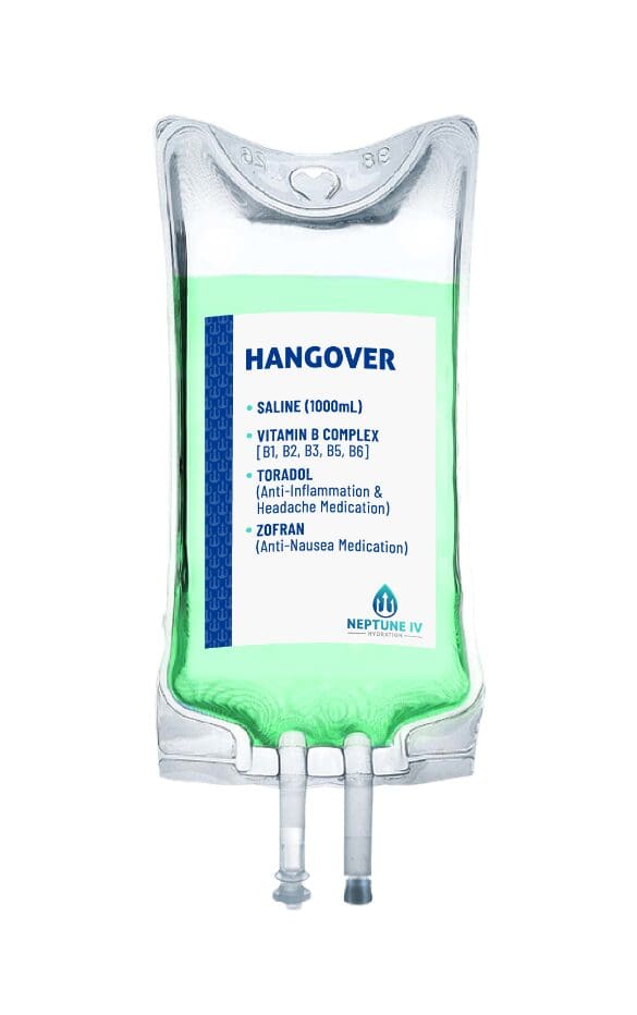 An iv bag labeled "hangover" with a list of contents including saline, vitamins, anti-inflammatory, headache, b12, and anti-nausea medication, marketed as a hangover treatment by