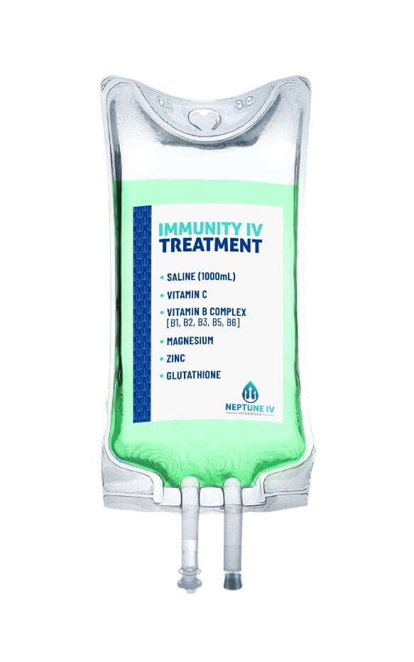 An iv bag labeled "immunity iv treatment," part of our mobile iv therapy service, contains saline and various vitamins and supplements such as vitamin C, a B complex, zinc, and glutathione