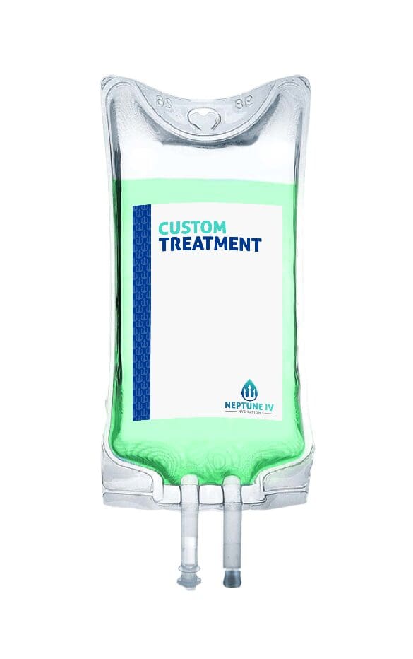 An illustrated concept of a personalized iv hydration bag labeled "custom treatment" by "Neptune IV," suggesting a futuristic or tailored medical solution with an emphasis on vitamins.