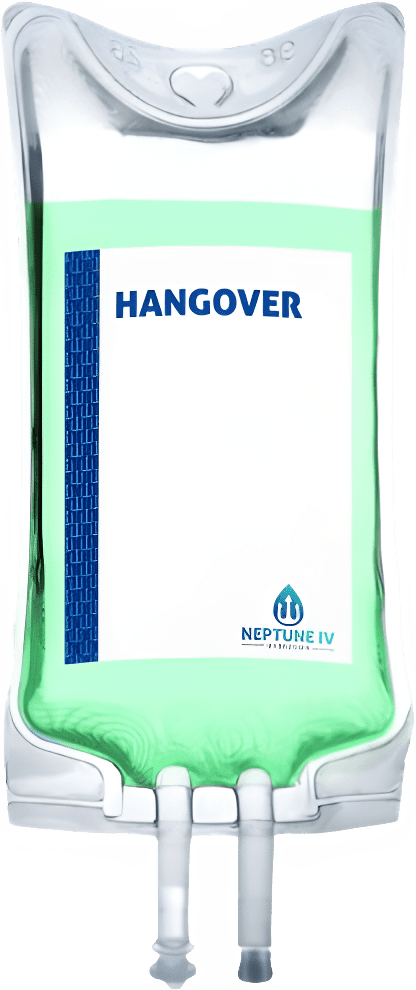 A bottle of alcohol with the word hangover written on it.