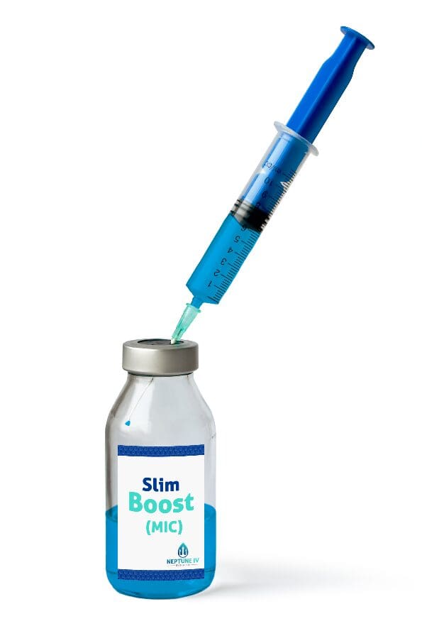 A syringe extracting a green liquid from a vial labeled "slim boost vitamins".