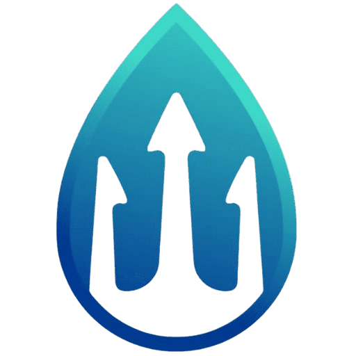 A gradient blue and turquoise logo in the shape of a water droplet, with a trident symbol inside it, pointing upwards. The logo has a smooth and modern design, with the colors transitioning seamlessly from dark blue at the bottom to light turquoise at the top.